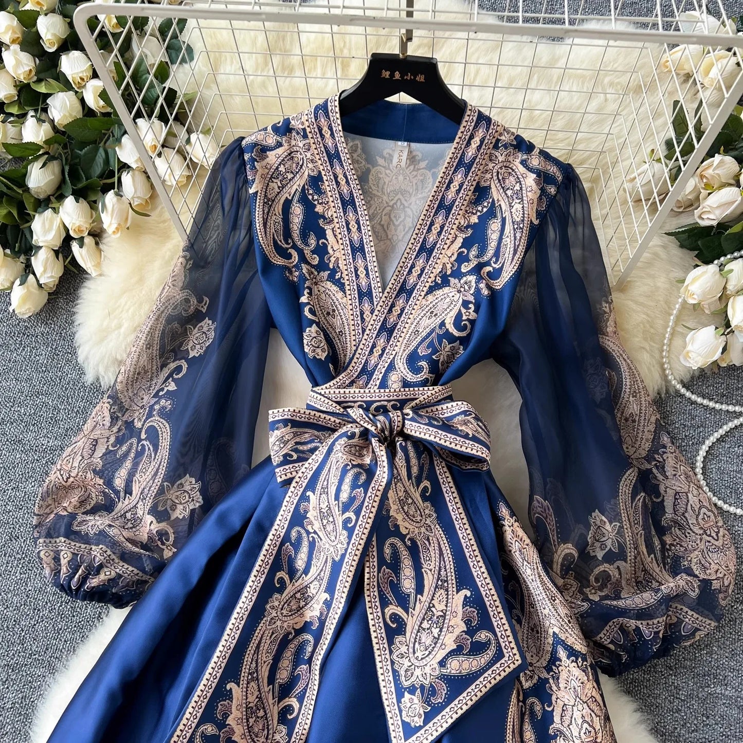 Paisley Print Bandage Lace Up Wrap Dress Women Cross V Neck Lantern Sleeve Chiffon Patchwork Thick Satin Long Party Vestidos