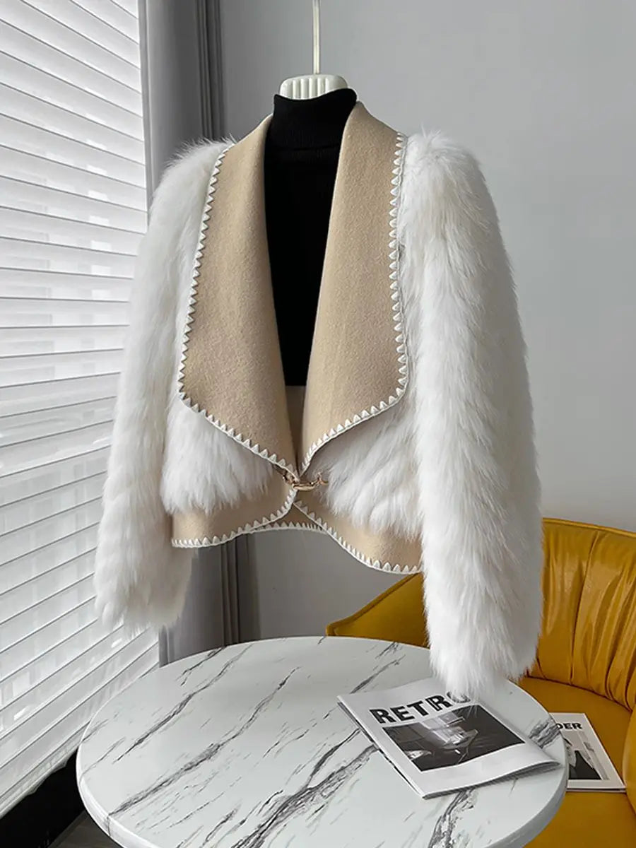 Faux Fur and Wool Reversible Coat with Fox Fur Collar Autumn Winter Fashionable Jacket Women Chic Flocking Plush Aesthetic