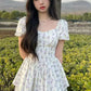 Princess Style Gathered Waist Bubble Sleeve One Shoulder Puffy Dress Floral Print Gentle Girl Summer New Arrival Dress