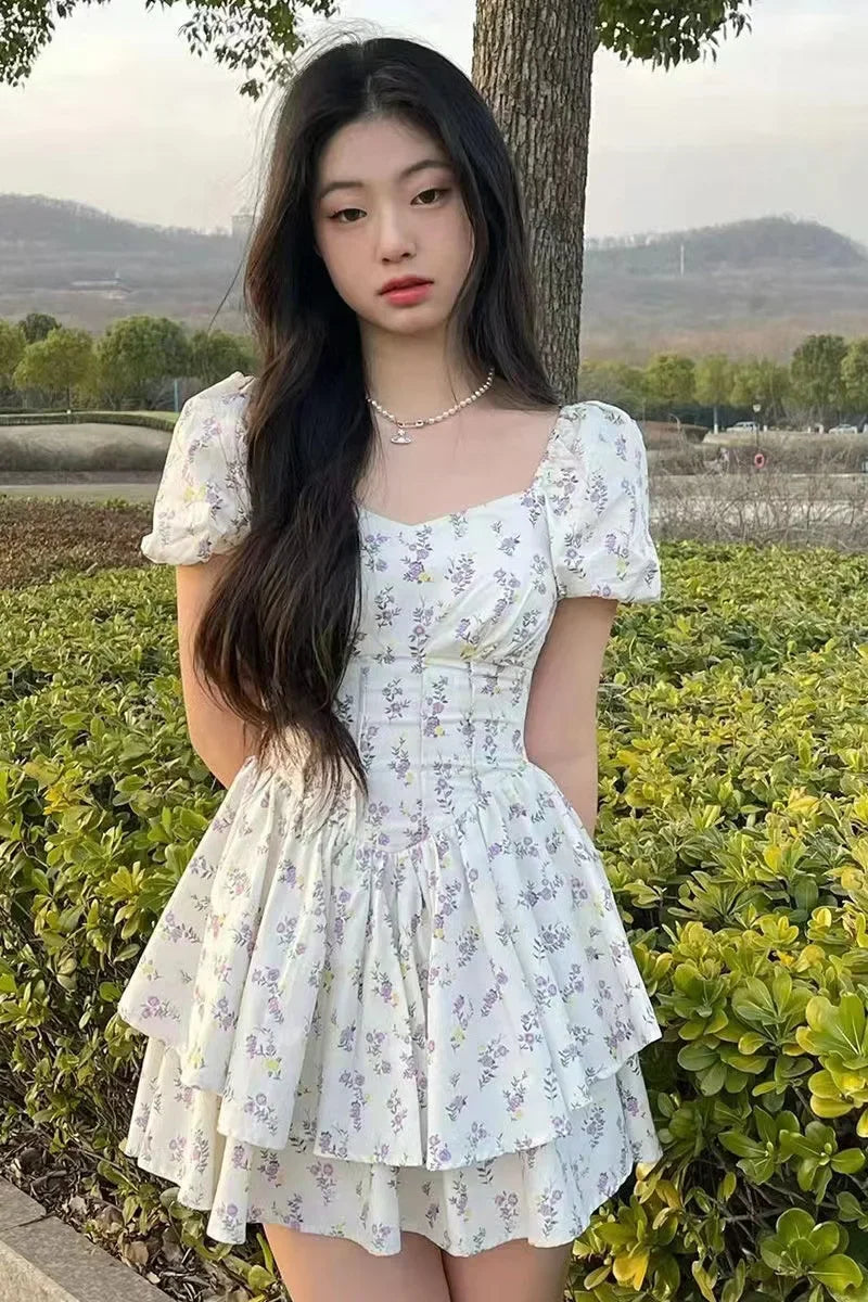 Princess Style Gathered Waist Bubble Sleeve One Shoulder Puffy Dress Floral Print Gentle Girl Summer New Arrival Dress