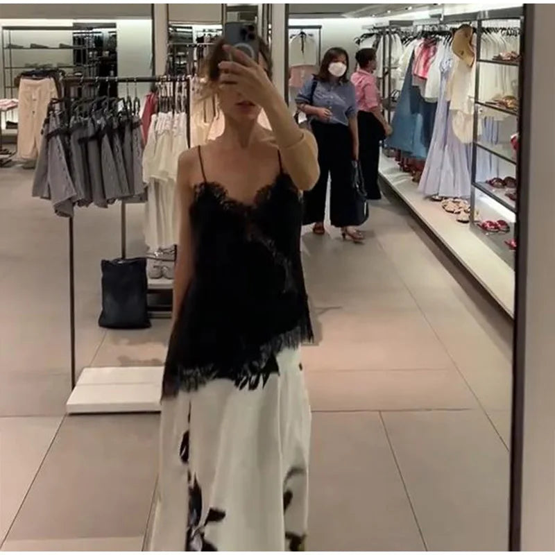 Elegant Satin Asymmetric Lace Patchwork Mini Dress Women Solid V-neck Sleeveless Sling Dresses 2025 Summer Lady Chic  Streetwear