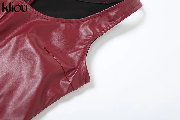 kliou Leather Women's Maxi Dresses Classic High Street Solid Sleeveless Straight Bodycon Female Concise Elegant Party Vestidos