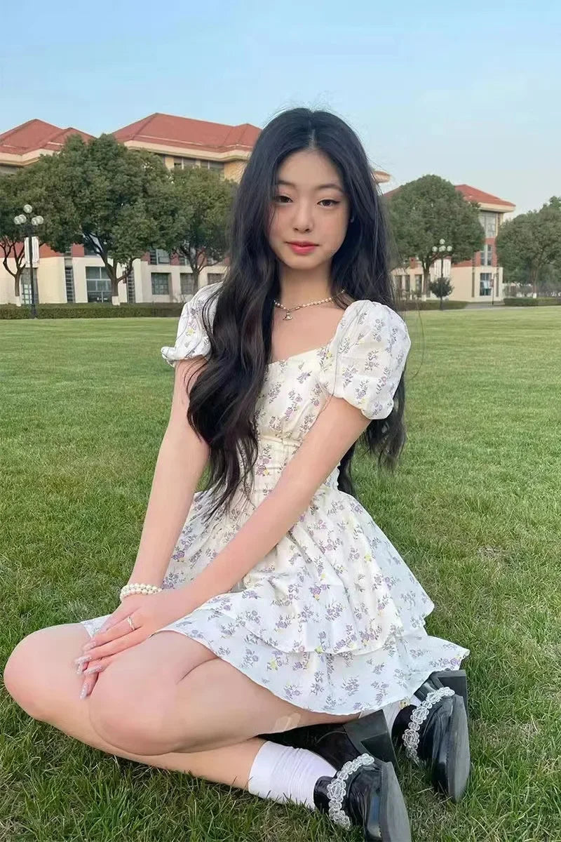 Princess Style Gathered Waist Bubble Sleeve One Shoulder Puffy Dress Floral Print Gentle Girl Summer New Arrival Dress