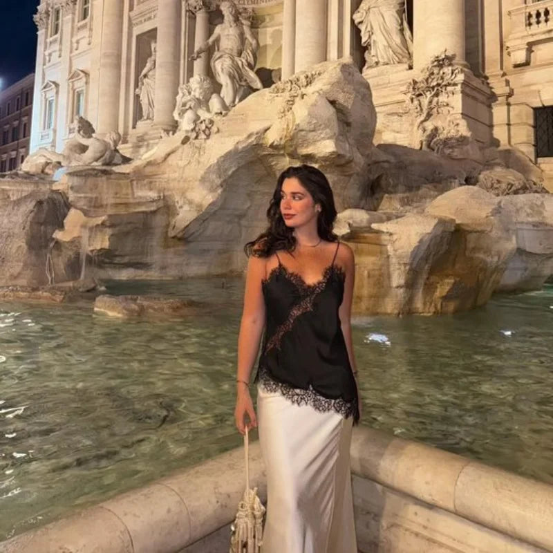 Elegant Satin Asymmetric Lace Patchwork Mini Dress Women Solid V-neck Sleeveless Sling Dresses 2025 Summer Lady Chic  Streetwear