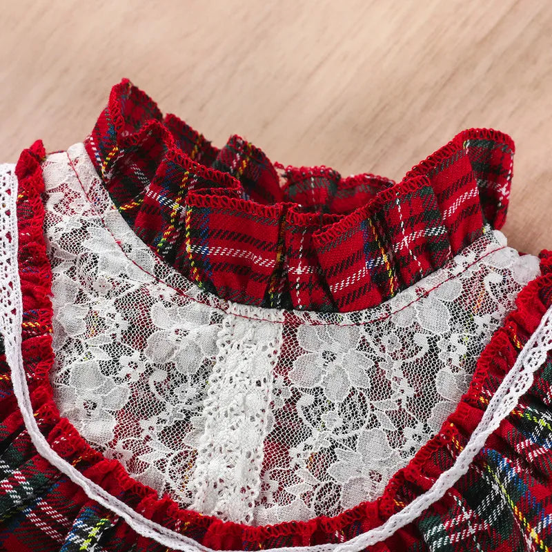 1 to 7 Years Christmas Girls Casual Dress Plaid Lace Patchwork Stand-Up Collar Flounce Long Sleeve Dress with Ruffle Hem