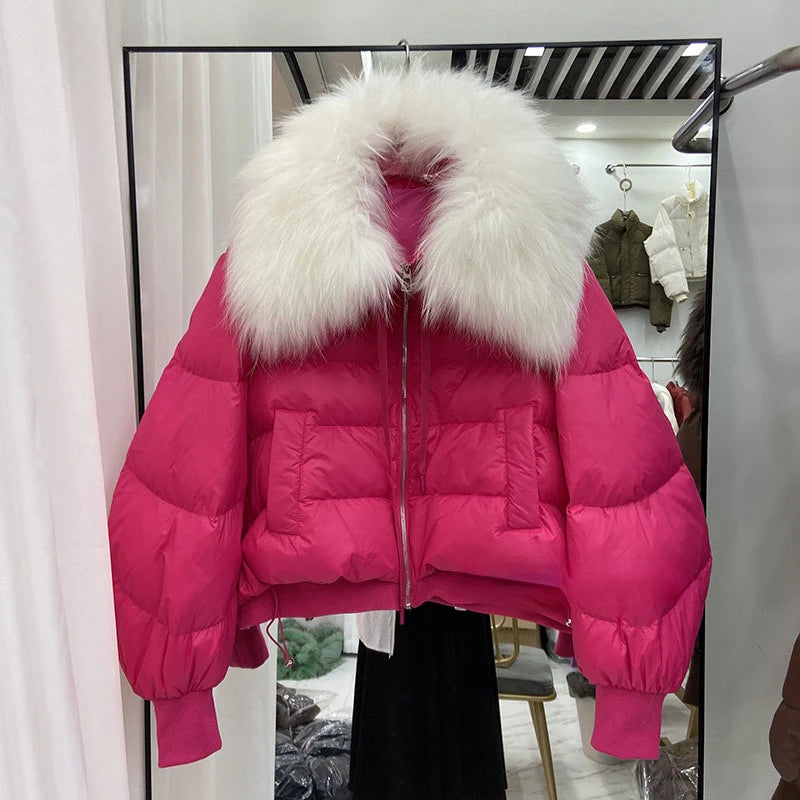 2023 Winter Puffer Jacket Women Large Real Raccoon Fur Collar Short Female Parkas Thick Warm 90% Goose Down Coat Loose