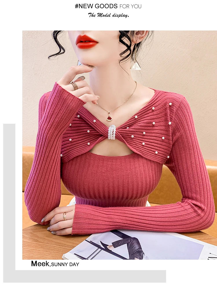 Elegant Autumn Winter Sweaters Women Pullovers Korean Fashion Y2k Clothes V Neck Solid Bow Embroidered Long Sleeve Knitted Tops
