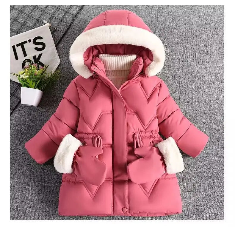 2-8 Years Warm Winter Girls Jacket Fur Collar Removable Hat Plush Lining Heavy Hooded Kids Coat Children Outerwear Send Gloves
