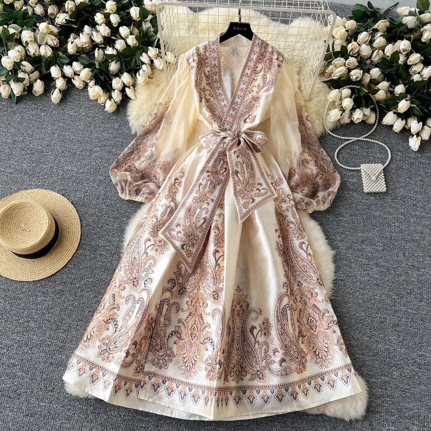 Paisley Print Bandage Lace Up Wrap Dress Women Cross V Neck Lantern Sleeve Chiffon Patchwork Thick Satin Long Party Vestidos