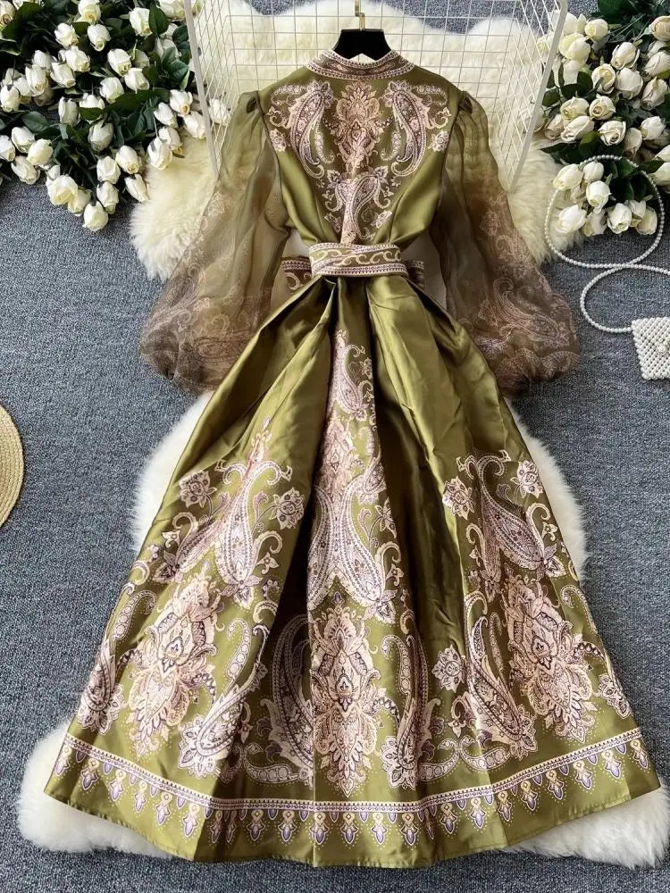 Paisley Print Bandage Lace Up Wrap Dress Women Cross V Neck Lantern Sleeve Chiffon Patchwork Thick Satin Long Party Vestidos