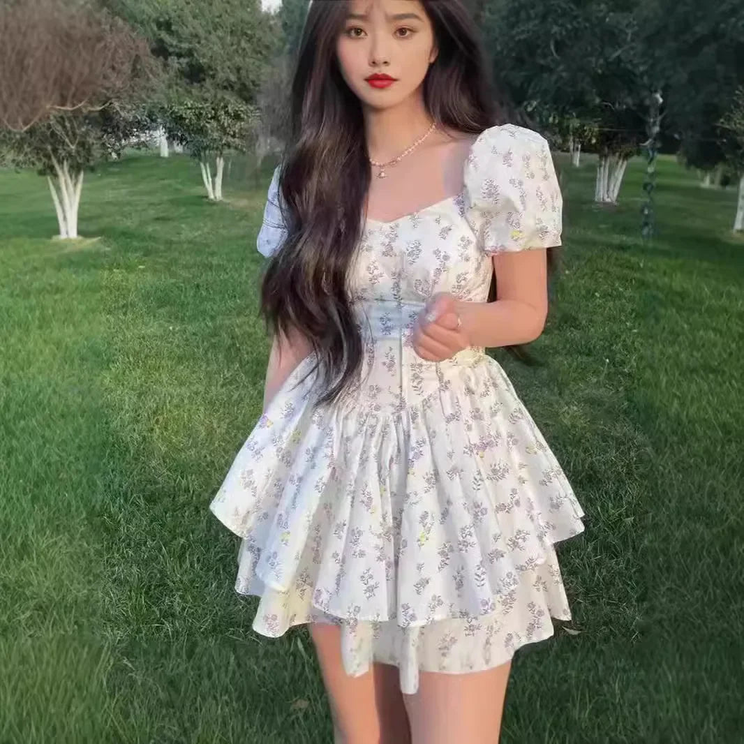 Princess Style Gathered Waist Bubble Sleeve One Shoulder Puffy Dress Floral Print Gentle Girl Summer New Arrival Dress