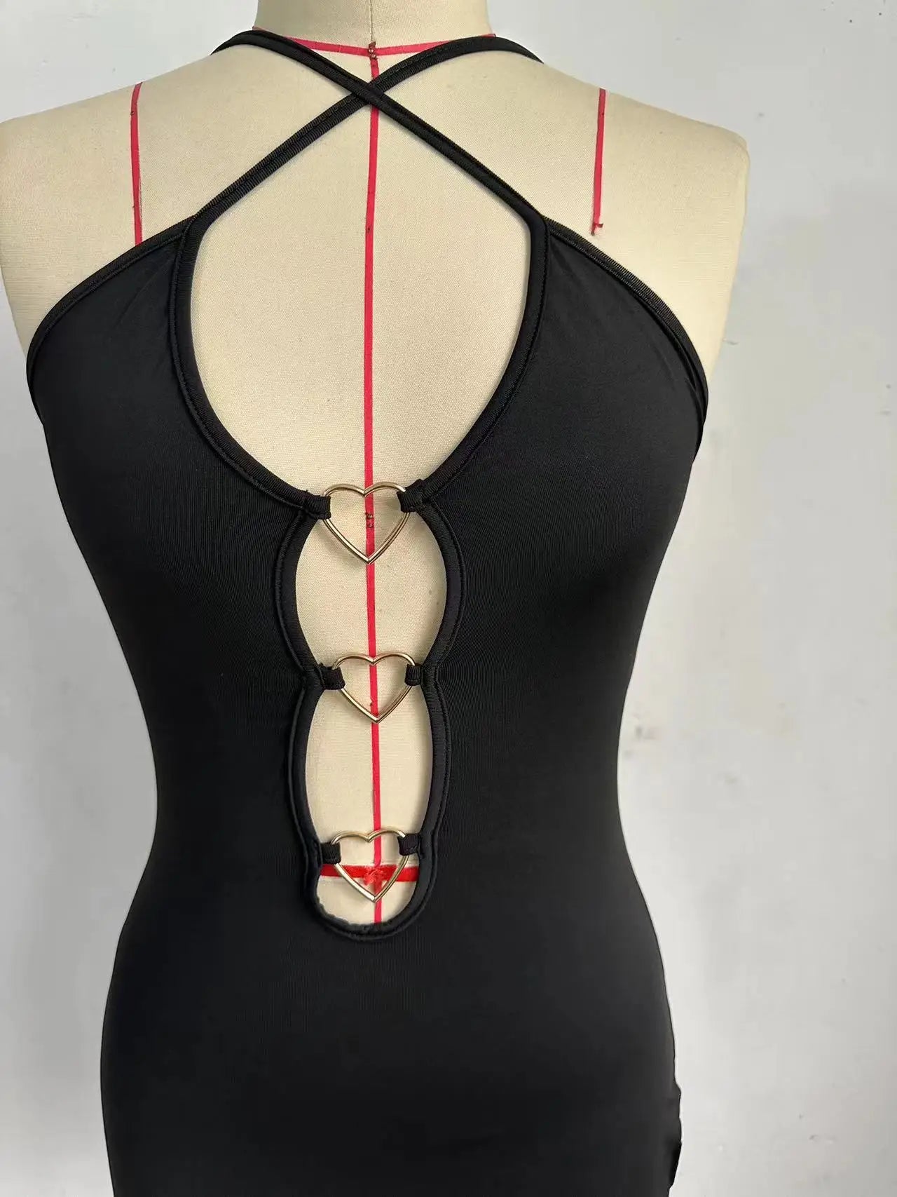 2024 New Love Heart Hollow Out Hanging Neck Backless Dress Women's Pure Desire Cinching Waist Wrap Hip Slim Short Dress LBOA