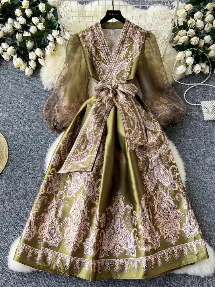 Paisley Print Bandage Lace Up Wrap Dress Women Cross V Neck Lantern Sleeve Chiffon Patchwork Thick Satin Long Party Vestidos