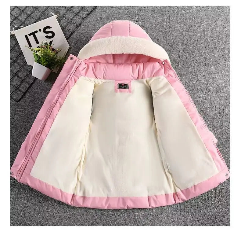 2-8 Years Warm Winter Girls Jacket Fur Collar Removable Hat Plush Lining Heavy Hooded Kids Coat Children Outerwear Send Gloves