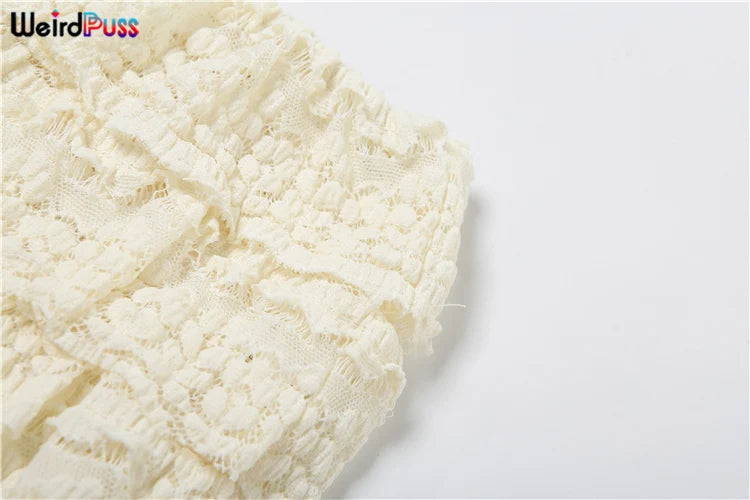 Weird Puss Sexy Tierred Women 2Piece Set Summer Elegant Thin Ruffles Tnak Top+Shorts Skirts Midnight Concert Party Matching Suit