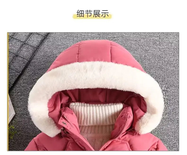 2-8 Years Warm Winter Girls Jacket Fur Collar Removable Hat Plush Lining Heavy Hooded Kids Coat Children Outerwear Send Gloves