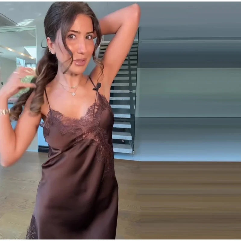 Elegant Satin Asymmetric Lace Patchwork Mini Dress Women Solid V-neck Sleeveless Sling Dresses 2025 Summer Lady Chic  Streetwear