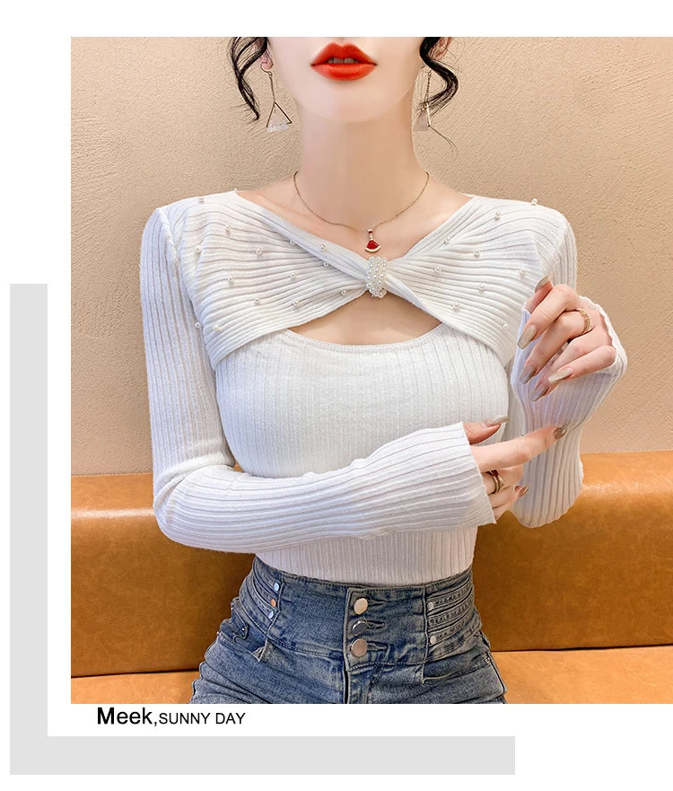 Elegant Autumn Winter Sweaters Women Pullovers Korean Fashion Y2k Clothes V Neck Solid Bow Embroidered Long Sleeve Knitted Tops