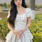 Princess Style Gathered Waist Bubble Sleeve One Shoulder Puffy Dress Floral Print Gentle Girl Summer New Arrival Dress