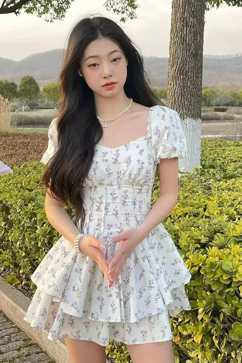 Princess Style Gathered Waist Bubble Sleeve One Shoulder Puffy Dress Floral Print Gentle Girl Summer New Arrival Dress