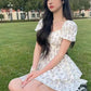 Princess Style Gathered Waist Bubble Sleeve One Shoulder Puffy Dress Floral Print Gentle Girl Summer New Arrival Dress