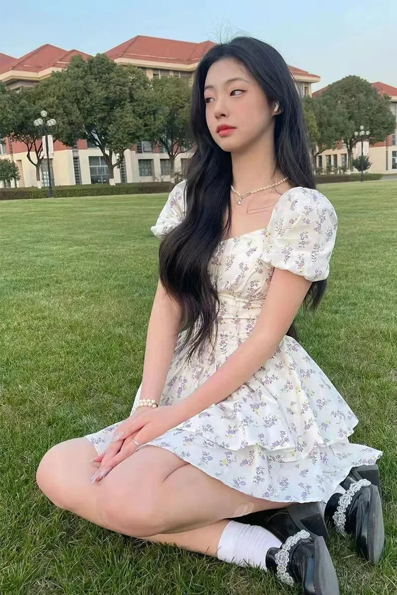 Princess Style Gathered Waist Bubble Sleeve One Shoulder Puffy Dress Floral Print Gentle Girl Summer New Arrival Dress