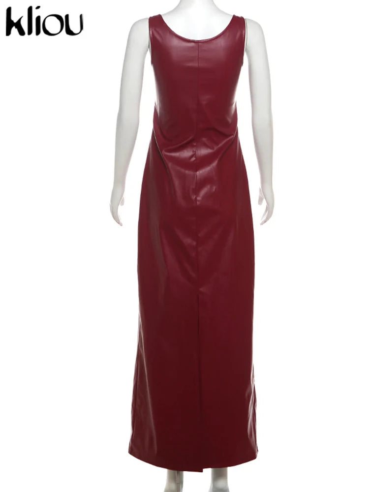 kliou Leather Women's Maxi Dresses Classic High Street Solid Sleeveless Straight Bodycon Female Concise Elegant Party Vestidos