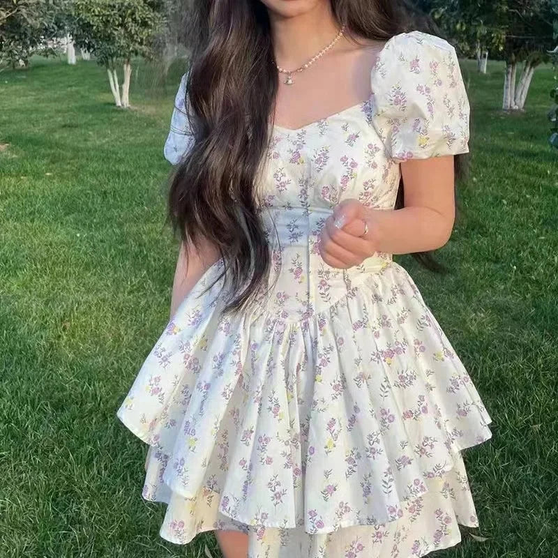 Princess Style Gathered Waist Bubble Sleeve One Shoulder Puffy Dress Floral Print Gentle Girl Summer New Arrival Dress