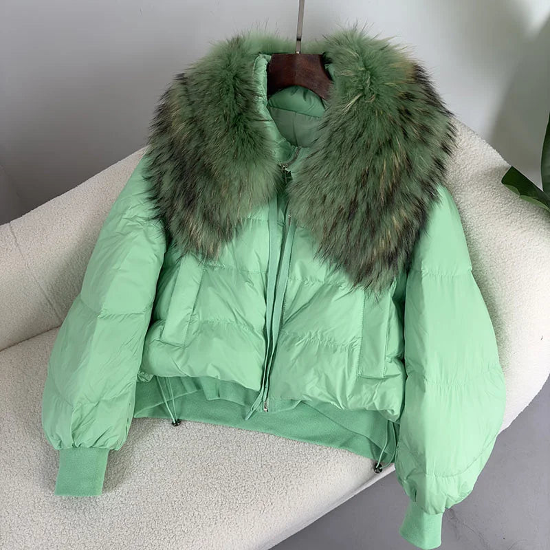 2023 Winter Puffer Jacket Women Large Real Raccoon Fur Collar Short Female Parkas Thick Warm 90% Goose Down Coat Loose