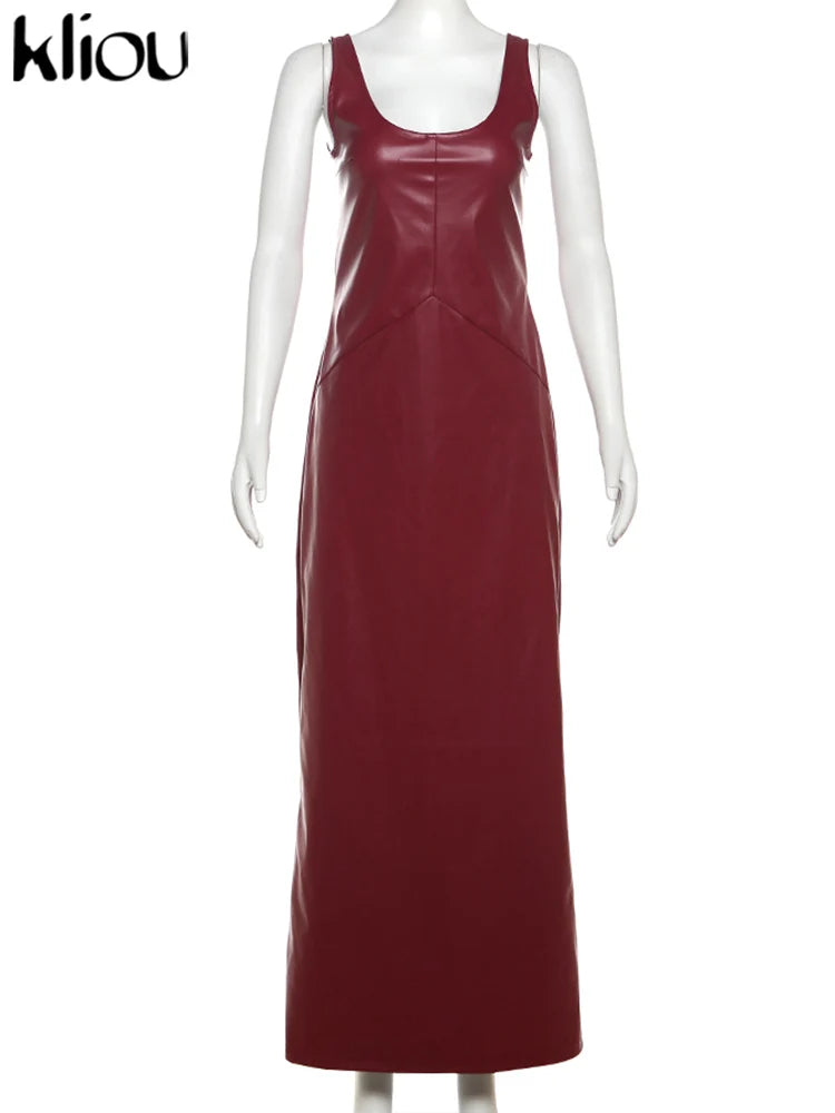 kliou Leather Women's Maxi Dresses Classic High Street Solid Sleeveless Straight Bodycon Female Concise Elegant Party Vestidos