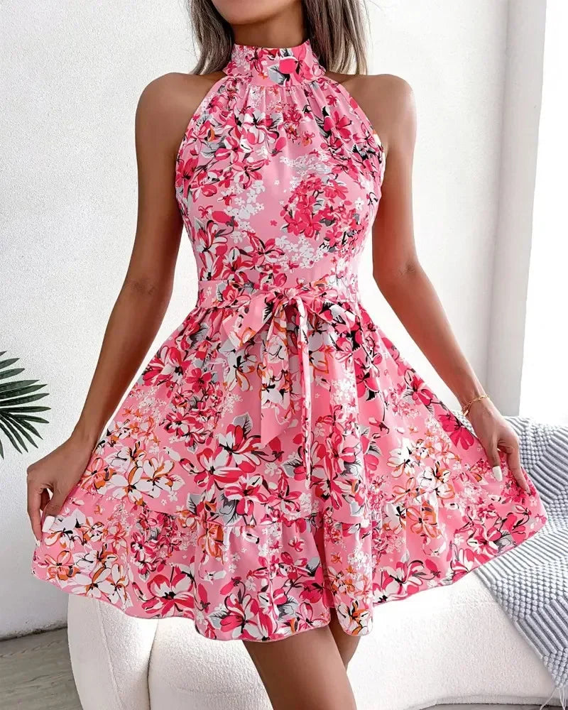 Sexy Spring Summer Floral Halter Neck Short Dresses Holiday Beach Sundress Casual Halter Short Dresses Clothes Women