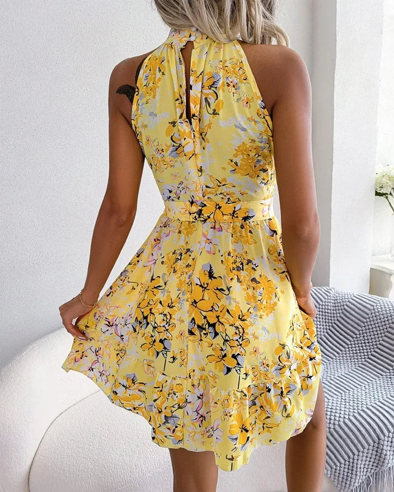 Sexy Spring Summer Floral Halter Neck Short Dresses Holiday Beach Sundress Casual Halter Short Dresses Clothes Women