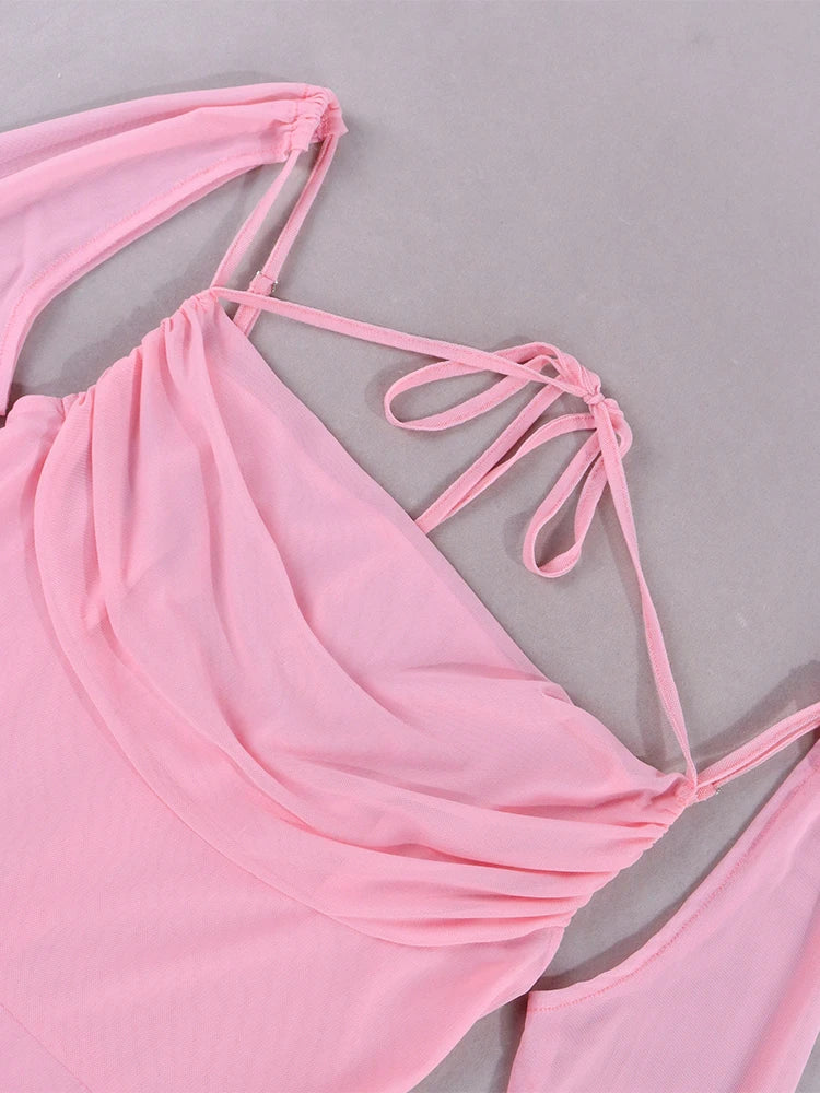 NewAsia Halter Flounce Sleeves Mesh Pink Dress Women Sexy Solid Backless Bandage Mini Vestido Summer Vacation Party Club