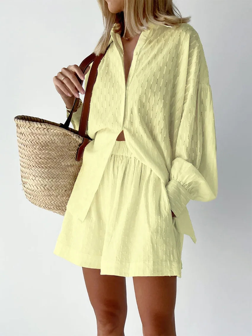 Women's Two Piece Set Outfits Summer Fashion Loose Shorts Long Sleeved Elegant Shirt 2 Piece Sets Suit For Women Streetwear 2025