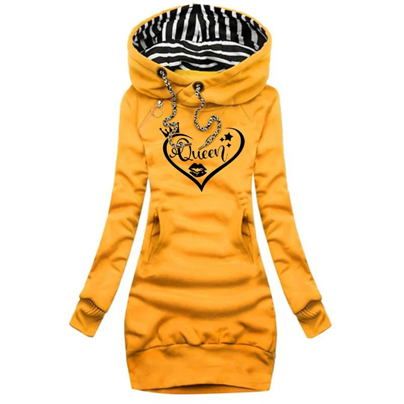 Women's Fashion Queen Printed Sweater Dresses Fall and Winter Long Sleeve Hoodie Dress Solid Color Slim Pullover Sweater Dresses