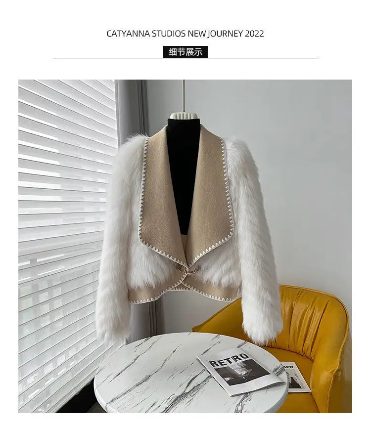 Faux Fur and Wool Reversible Coat with Fox Fur Collar Autumn Winter Fashionable Jacket Women Chic Flocking Plush Aesthetic