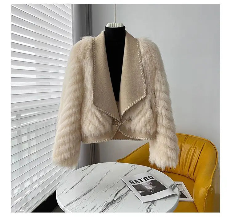 Faux Fur and Wool Reversible Coat with Fox Fur Collar Autumn Winter Fashionable Jacket Women Chic Flocking Plush Aesthetic