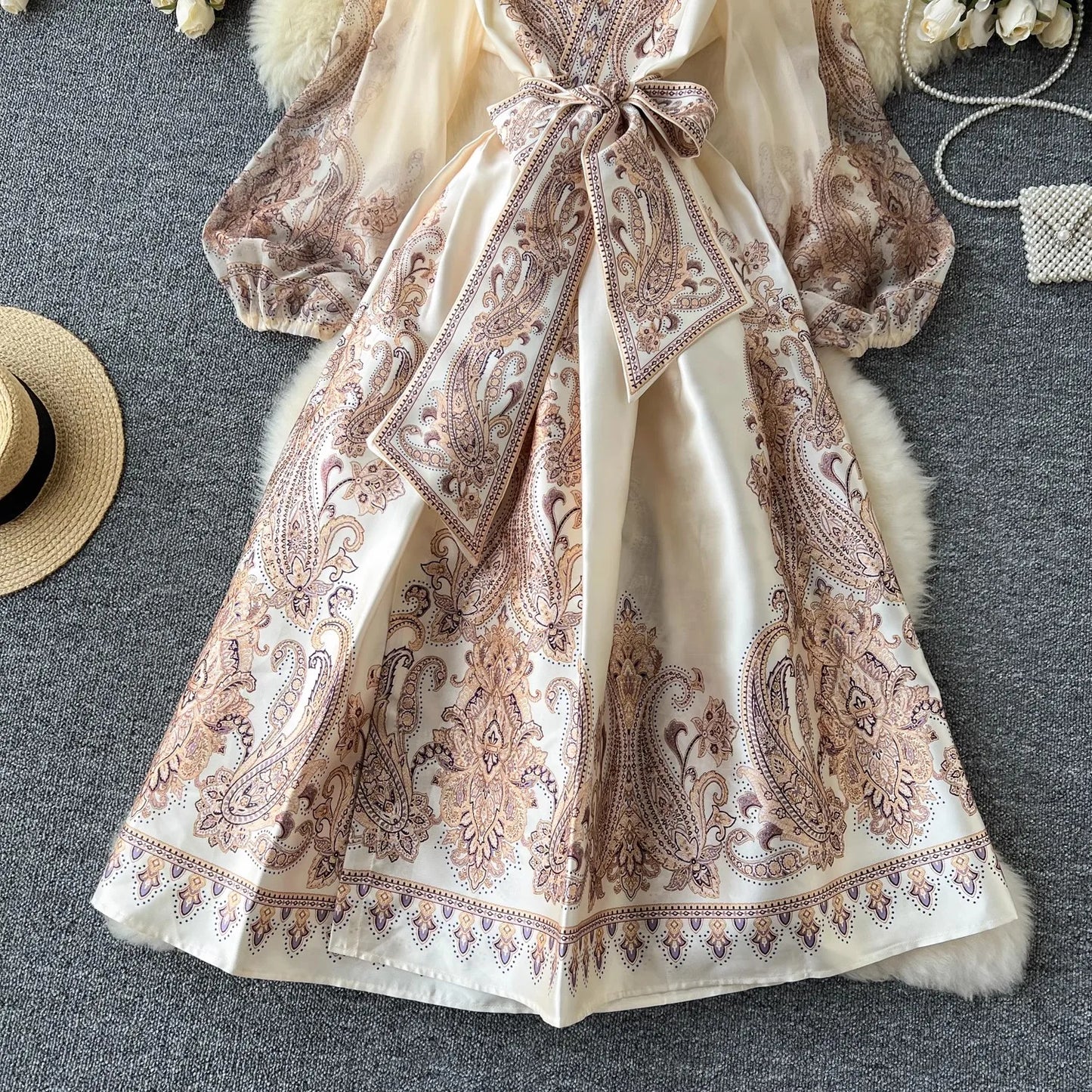 Paisley Print Bandage Lace Up Wrap Dress Women Cross V Neck Lantern Sleeve Chiffon Patchwork Thick Satin Long Party Vestidos