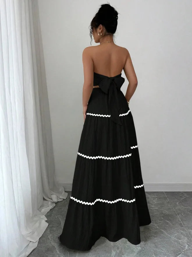 Fashion Temperament Women 2 Piece Outfits Contrast Color Loose Sleeveless Tops and Elastic Long Skirt Set for Party Streetwear