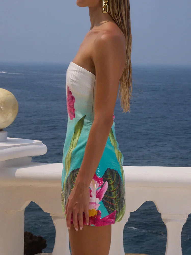 Strapless Patchwork Sequined Chic Mini Dress, Women Summer Beach Style Sleeveless Party Dress, Sexy Backless Lady Dress Vestidos