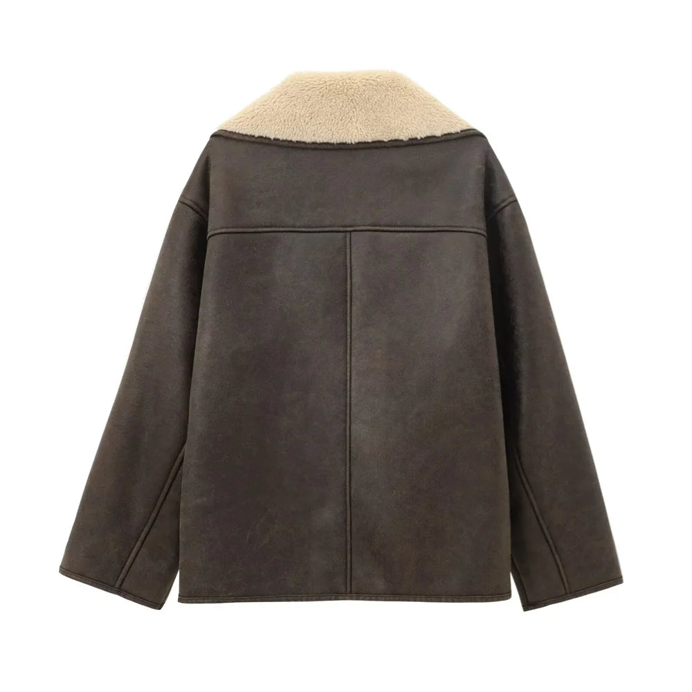 UNIZERA Pocket Decor Single breasted Warm Coat Autumn/Winter Fleece Collar Long Sleeve Women's Jacket Coat