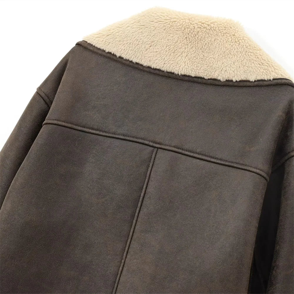 UNIZERA Pocket Decor Single breasted Warm Coat Autumn/Winter Fleece Collar Long Sleeve Women's Jacket Coat