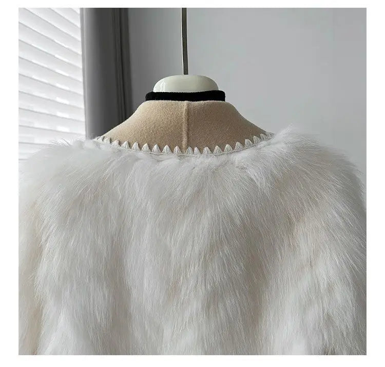 Faux Fur and Wool Reversible Coat with Fox Fur Collar Autumn Winter Fashionable Jacket Women Chic Flocking Plush Aesthetic
