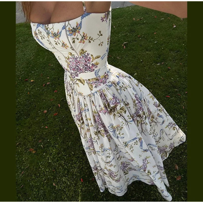 Summer Floral Print Spaghetti Strap Dress Women's Elegant Backless Pleated A-line Gowns New Chic Lady Street Party Vestidos 2025