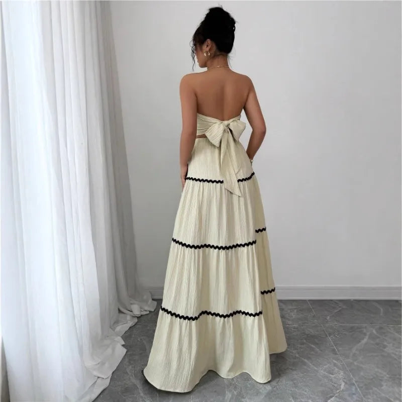 Fashion Temperament Women 2 Piece Outfits Contrast Color Loose Sleeveless Tops and Elastic Long Skirt Set for Party Streetwear
