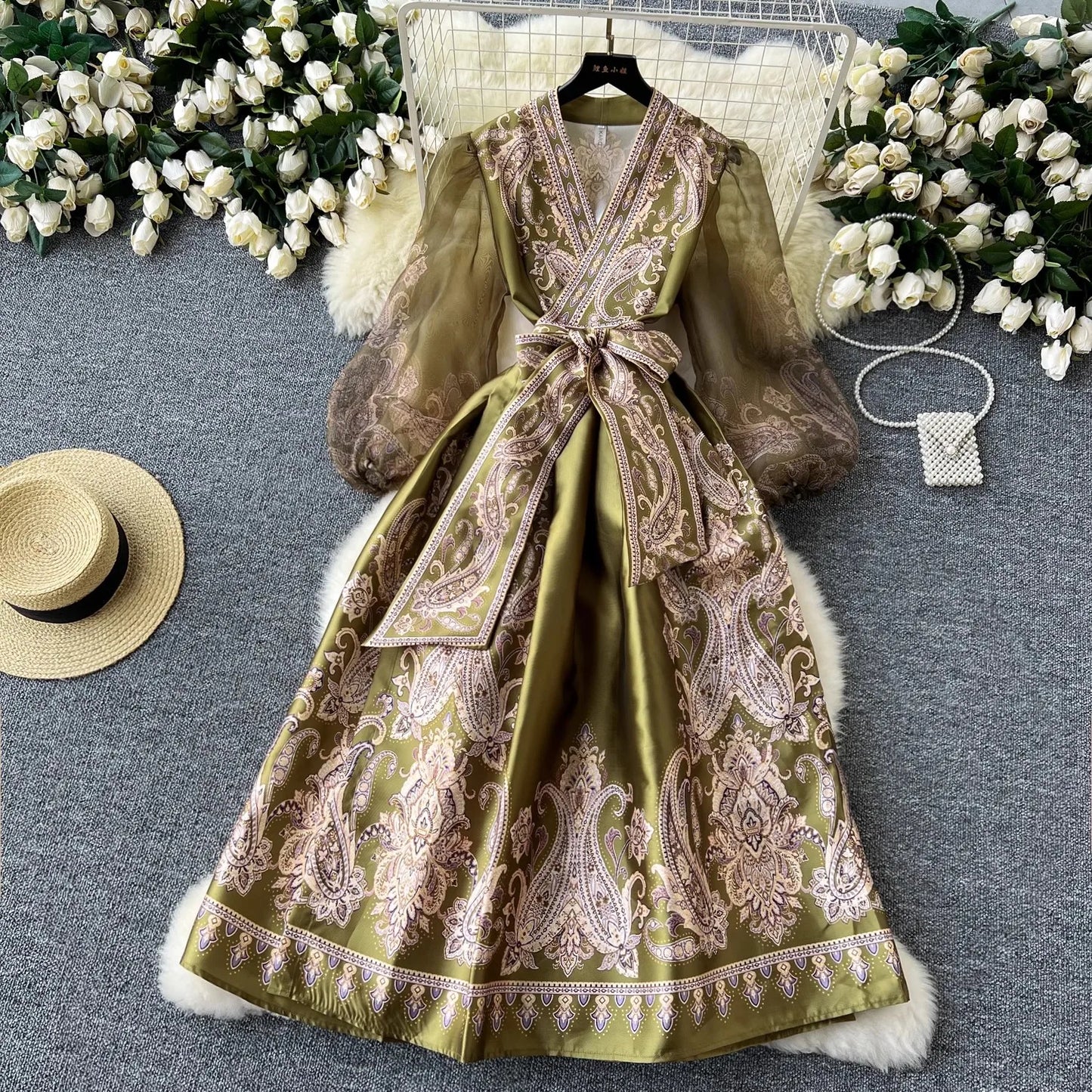 Paisley Print Bandage Lace Up Wrap Dress Women Cross V Neck Lantern Sleeve Chiffon Patchwork Thick Satin Long Party Vestidos