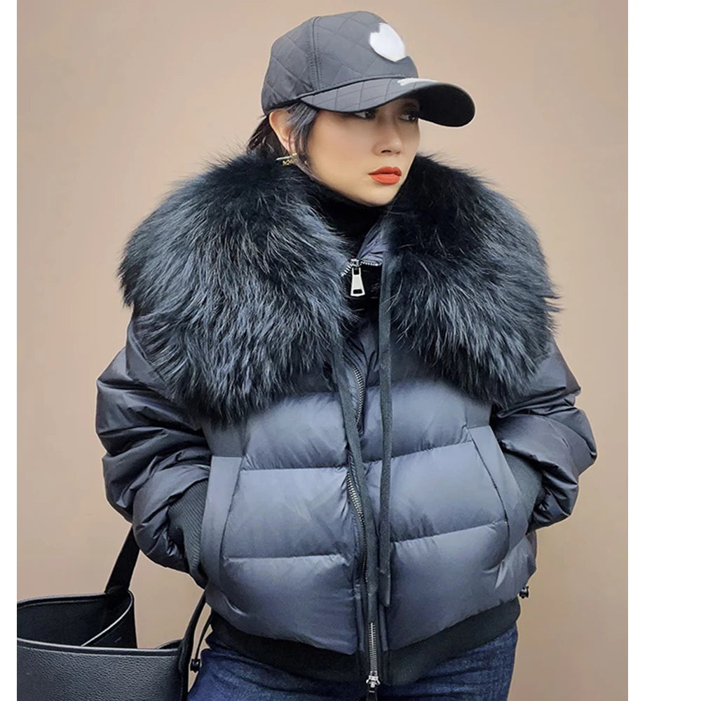 2023 Winter Puffer Jacket Women Large Real Raccoon Fur Collar Short Female Parkas Thick Warm 90% Goose Down Coat Loose