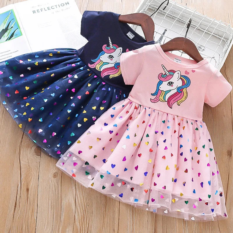 2024 Summer Baby Girls Cartoon Unicorn Dress Cotton Mesh Party Princess Dresses For 2-6 Years Children Kids Clothes