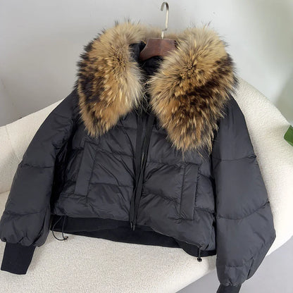 2023 Winter Puffer Jacket Women Large Real Raccoon Fur Collar Short Female Parkas Thick Warm 90% Goose Down Coat Loose
