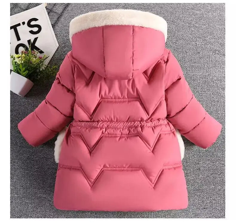 2-8 Years Warm Winter Girls Jacket Fur Collar Removable Hat Plush Lining Heavy Hooded Kids Coat Children Outerwear Send Gloves